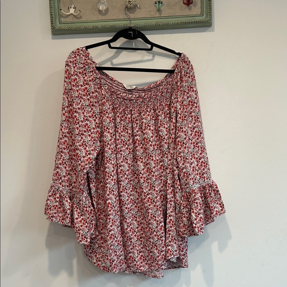 Terra & Sky Red and White Floral Smocked Neck Peasant Blouse